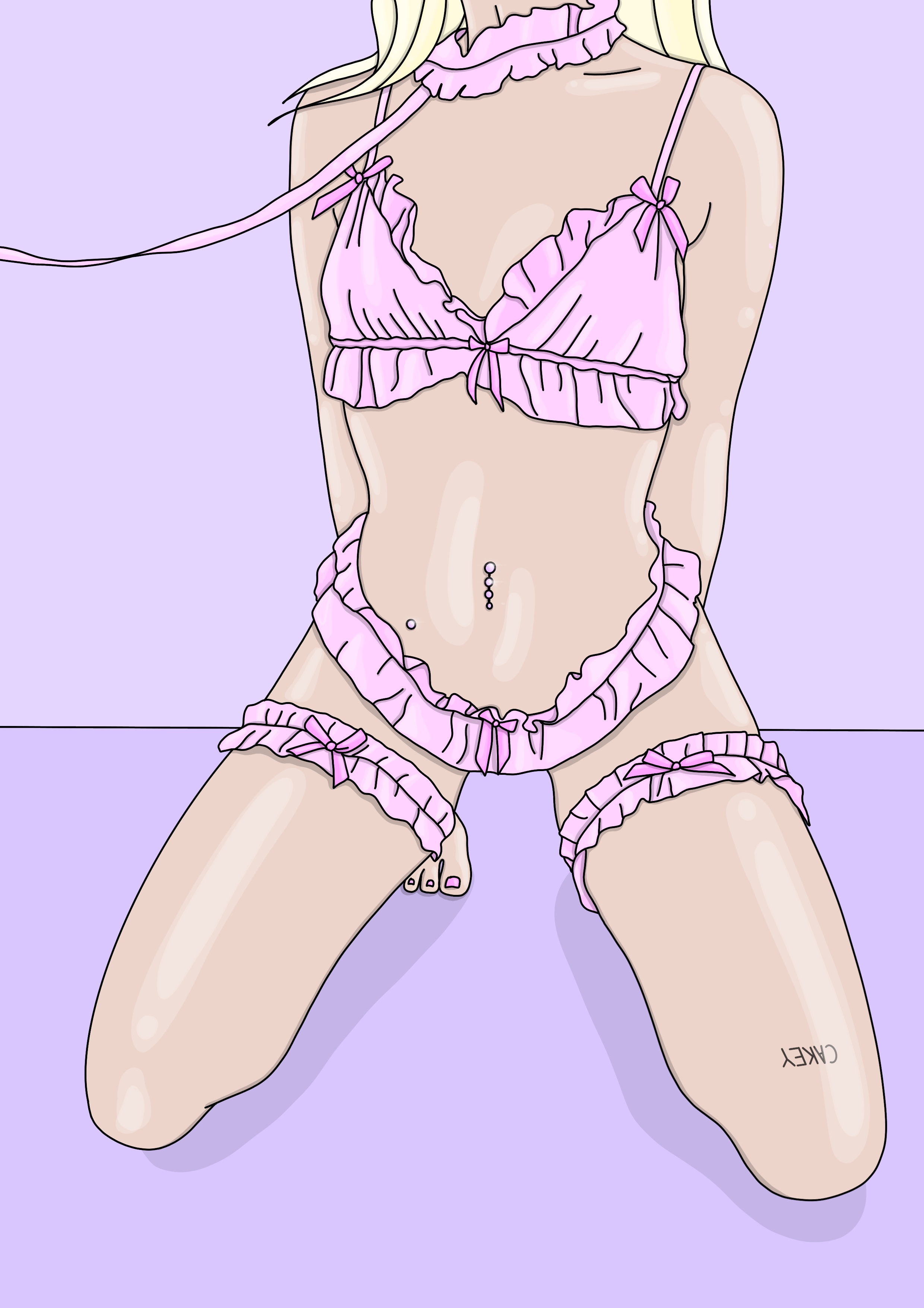 Illustration of woman in frilly pink lingerie